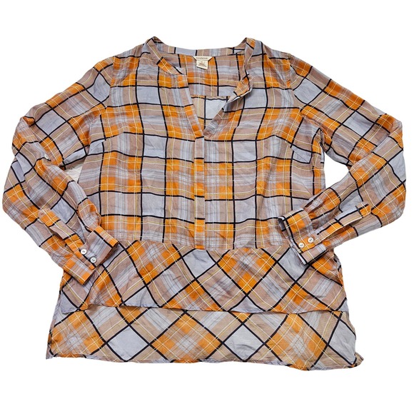 Sundance Tops - Sundance Women's Orange Plaid Long Sleeve 100% Silk Semi Sheer‎ Blouse Sz M